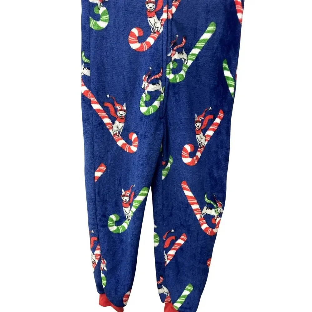 Munki Munki Youth Candy Cane Sled Hooded Fleece Pajamas Zip-Up One-Piece Blue 4